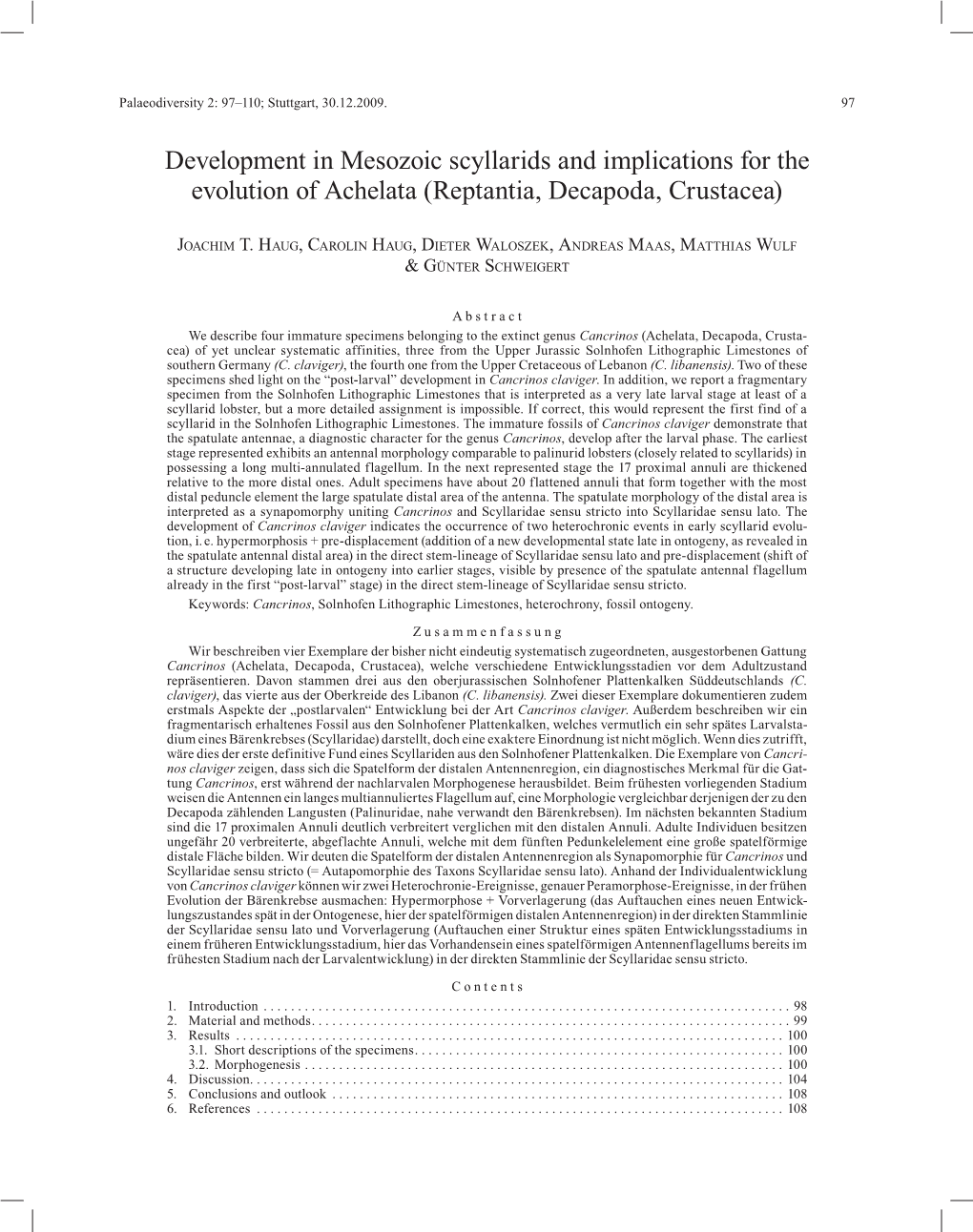 Development in Mesozoic Scyllarids and Implications for the Evolution of Achelata (Reptantia, Decapoda, Crustacea)