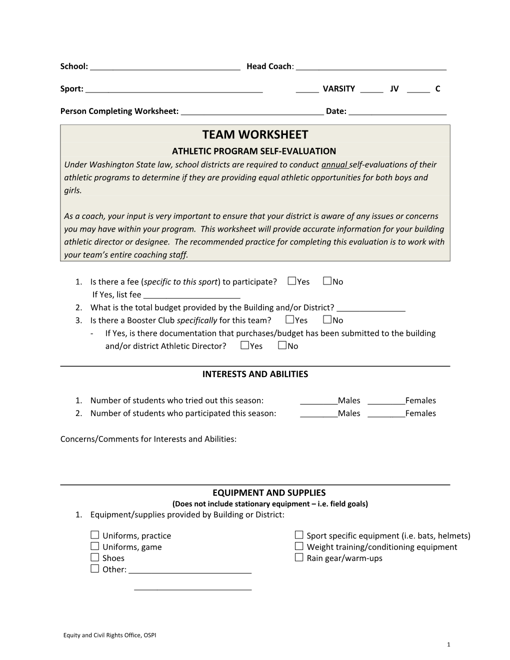 Athletic Evaluation - Team Worksheet