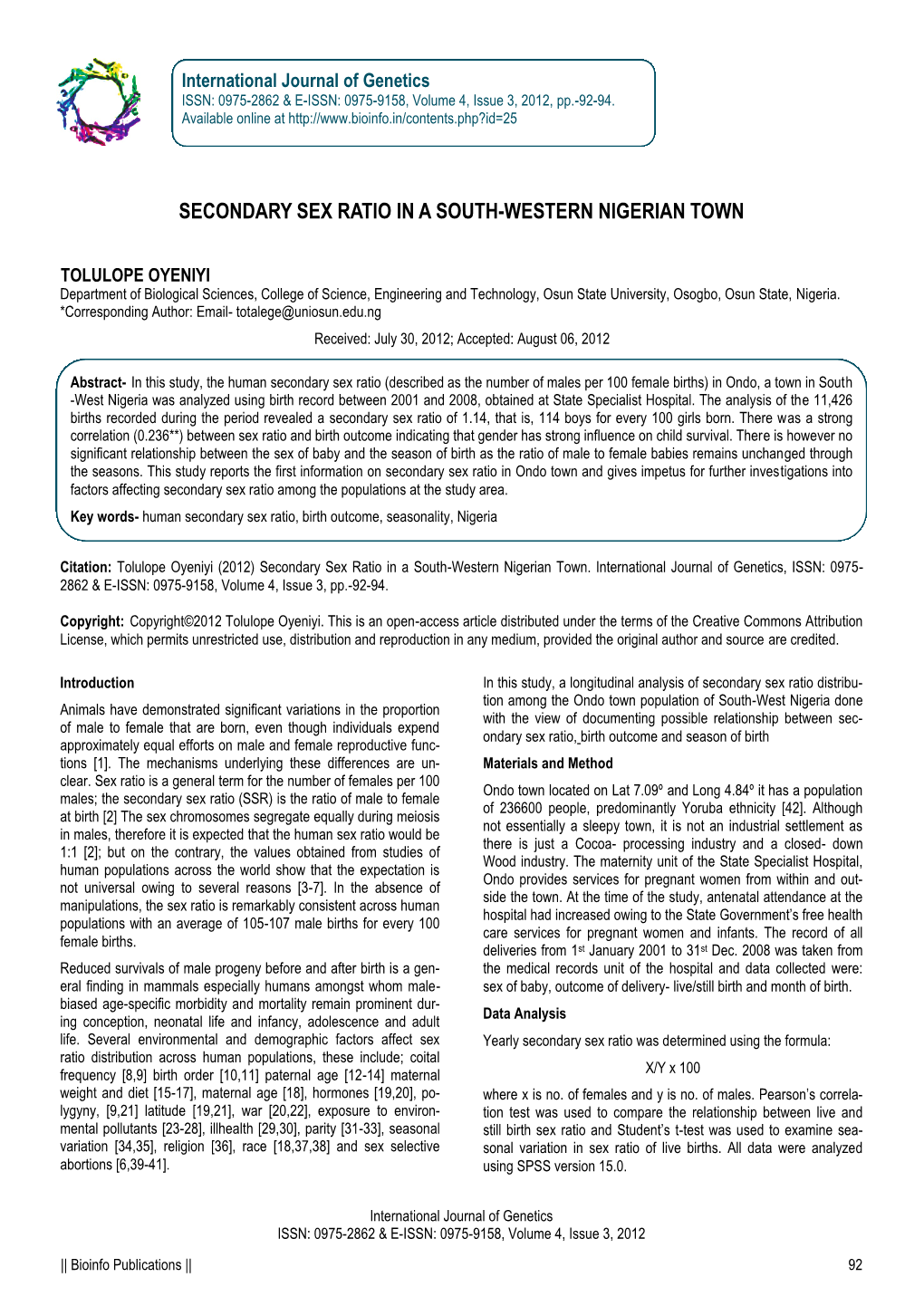 Secondary Sex Ratio in a South-Western Nigerian Town