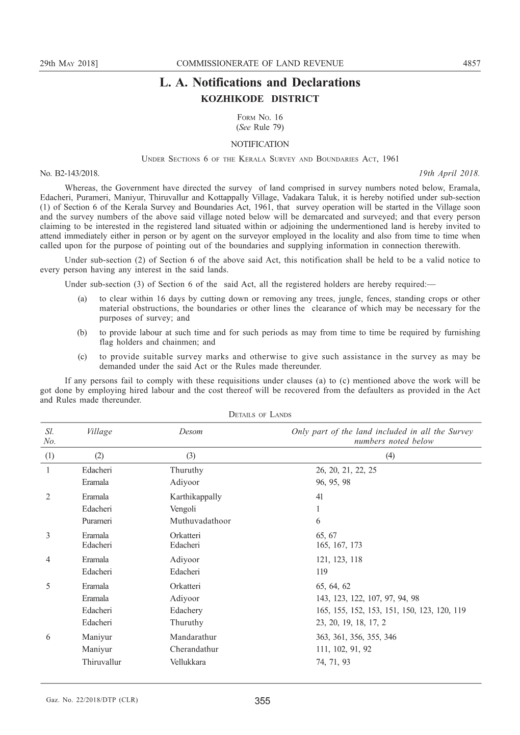 L. A. Notifications and Declarations KOZHIKODE DISTRICT