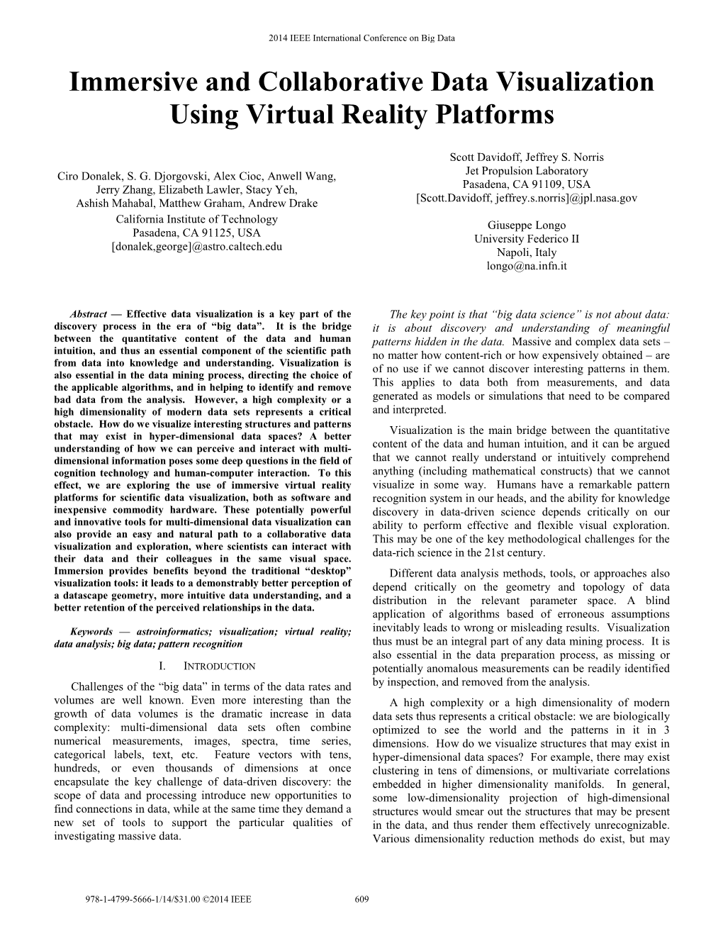 Immersive and Collaborative Data Visualization Using Virtual Reality Platforms