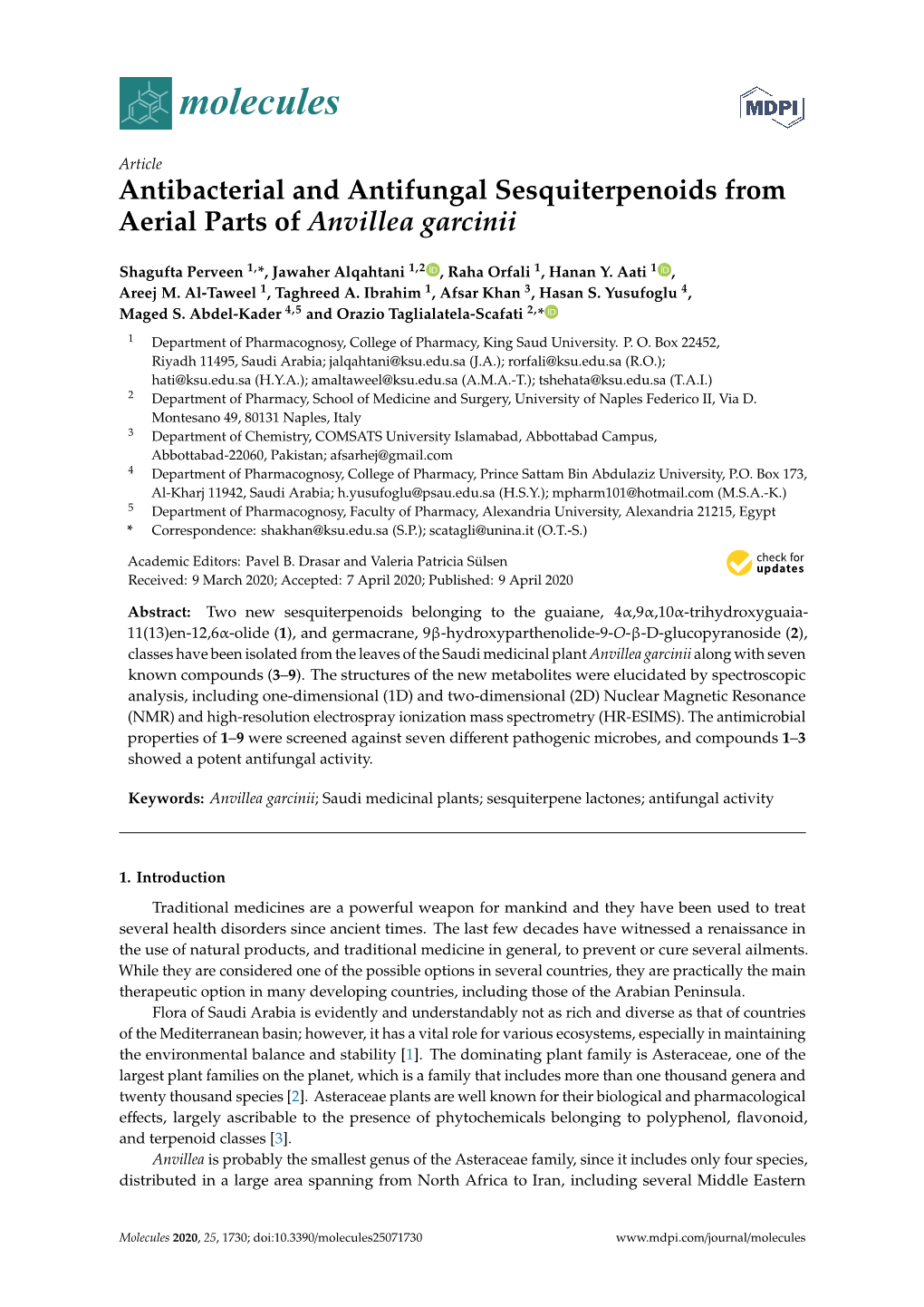 Antibacterial and Antifungal Sesquiterpenoids from Aerial Parts of Anvillea Garcinii