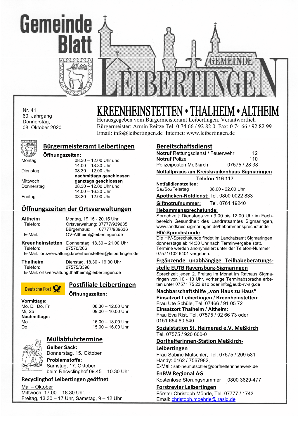 Bürgermeisteramt Leibertingen Öffnungszeiten Der