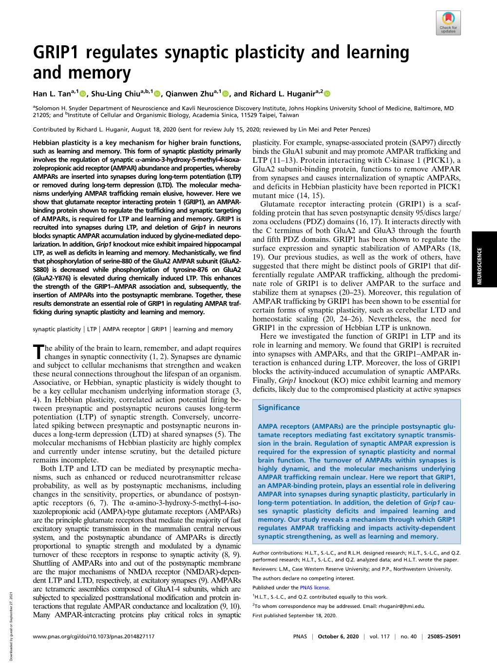 GRIP1 Regulates Synaptic Plasticity and Learning and Memory