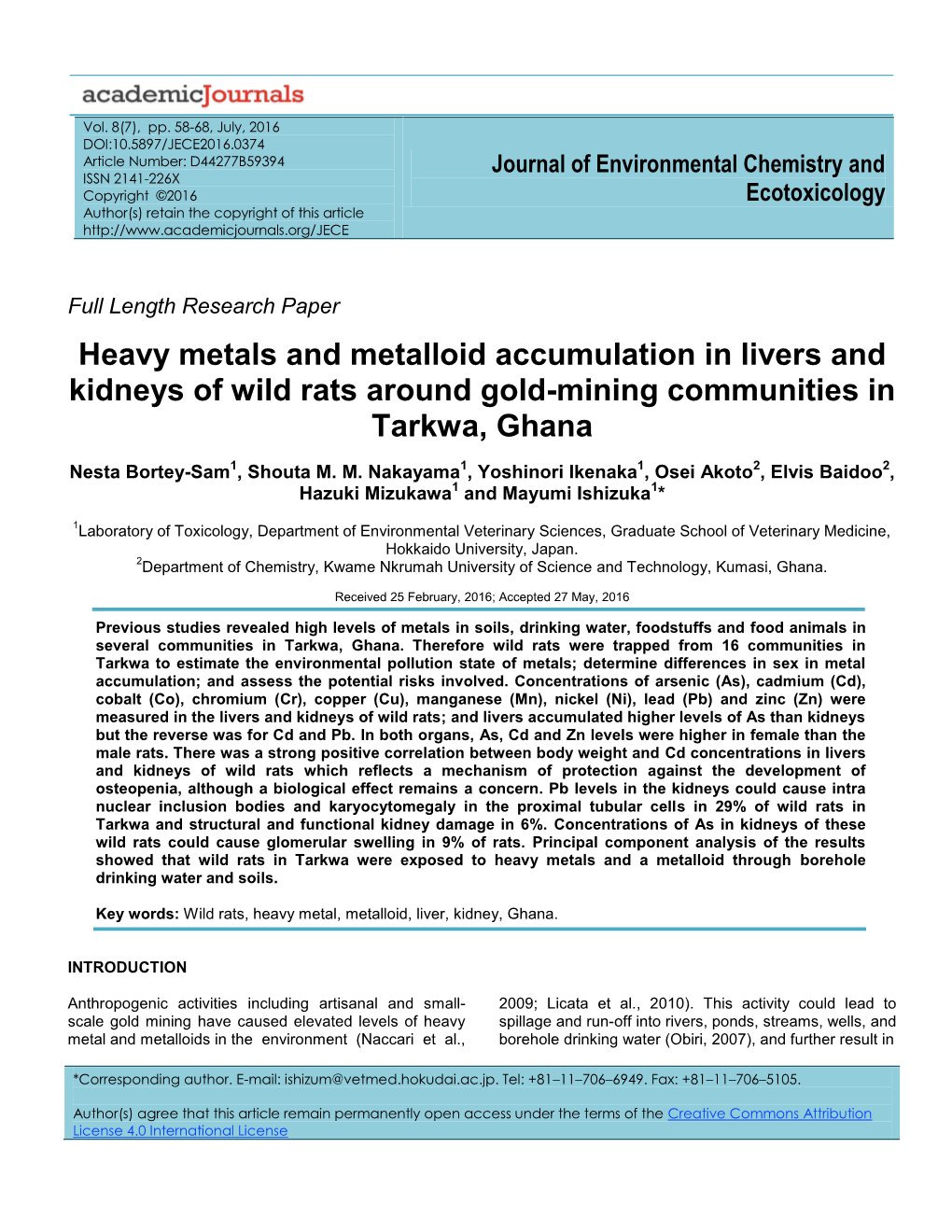 Heavy Metals and Metalloid Accumulation in Livers and Kidneys of Wild Rats Around Gold-Mining Communities in Tarkwa, Ghana