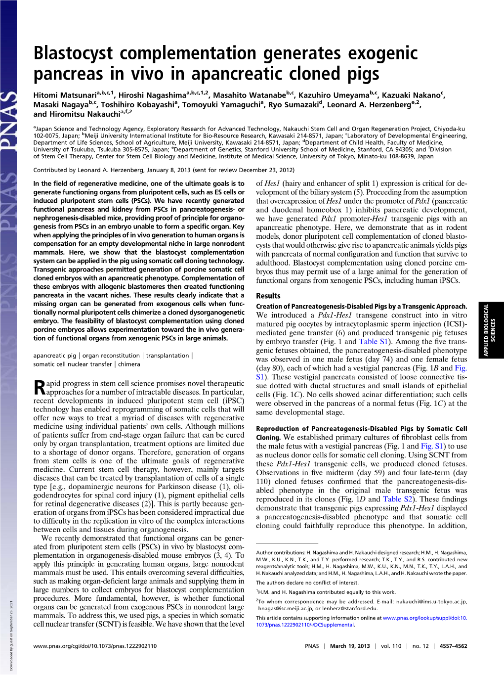 Blastocyst Complementation Generates Exogenic Pancreas in Vivo in Apancreatic Cloned Pigs