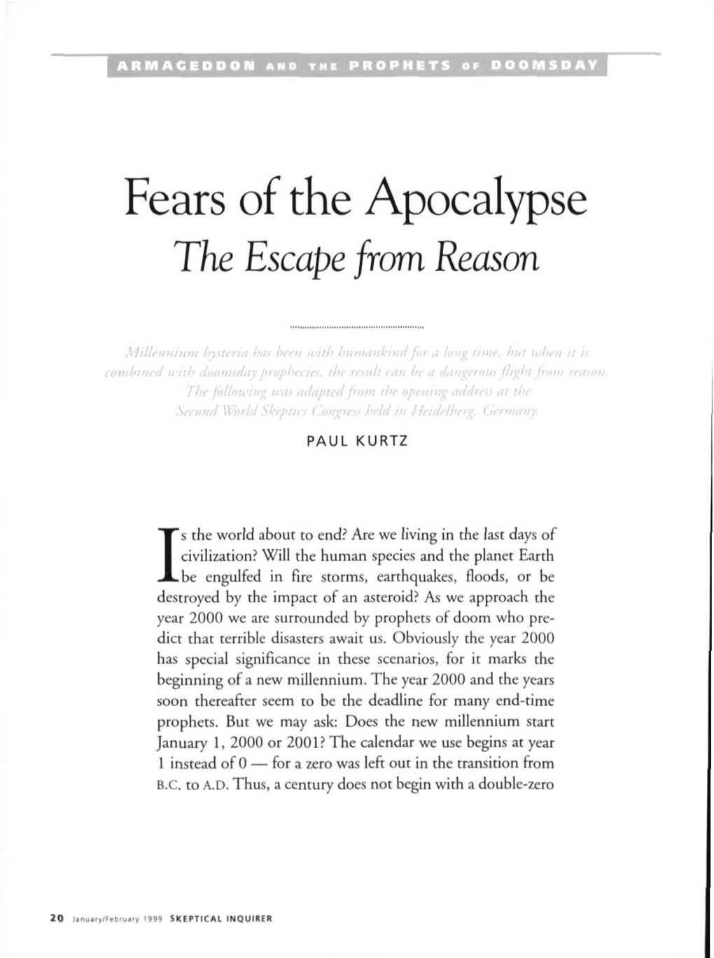 Fears of the Apocalypse the Escape from Reason