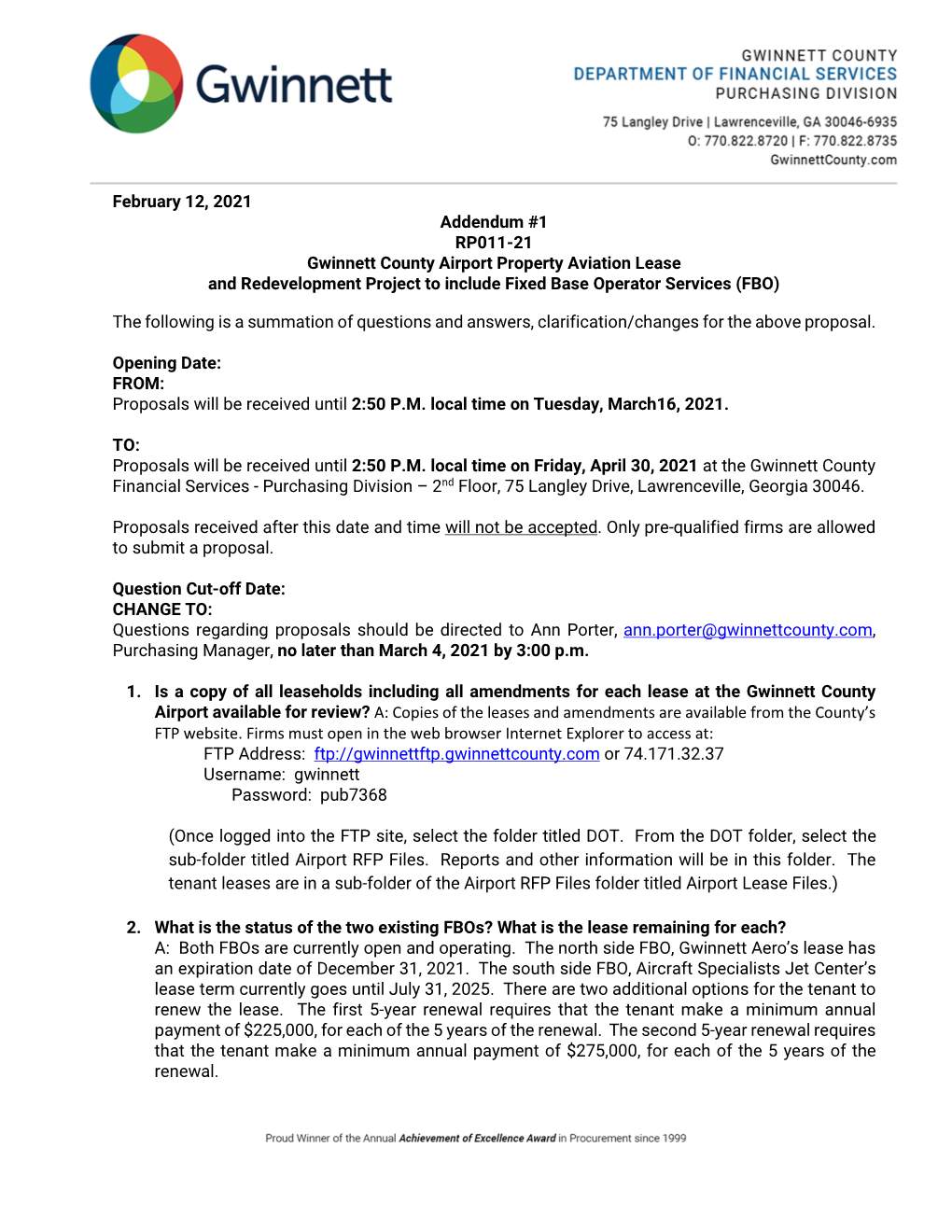 February 12, 2021 Addendum #1 RP011-21 Gwinnett County Airport Property Aviation Lease and Redevelopment Project to Include Fixed Base Operator Services (FBO)