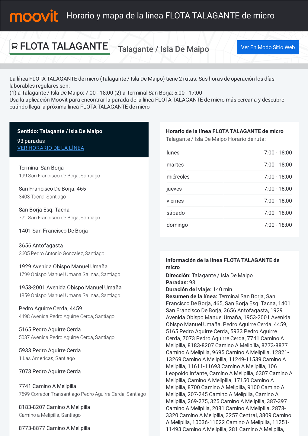 Horario Y Mapa De La Ruta FLOTA TALAGANTE De Micro
