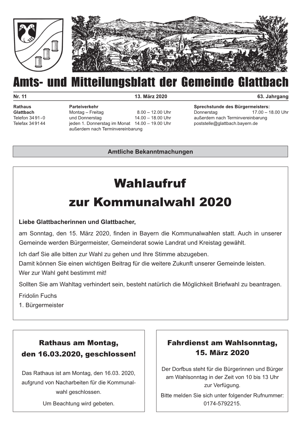 Amts- Und Mitteilungsblatt Der Gemeinde Glattbach Nr