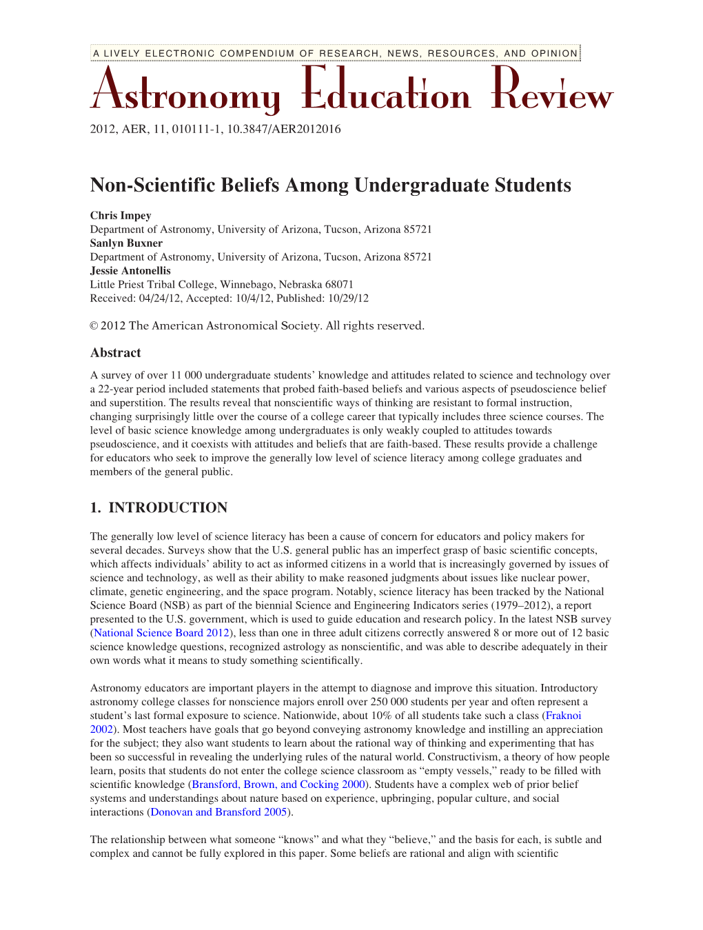 Astronomy Education Review 2012, AER, 11, 010111-1, 10.3847/AER2012016