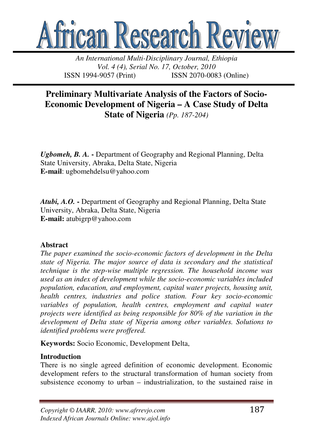 Economic Development of Nigeria – a Case Study of Delta State of Nigeria (Pp