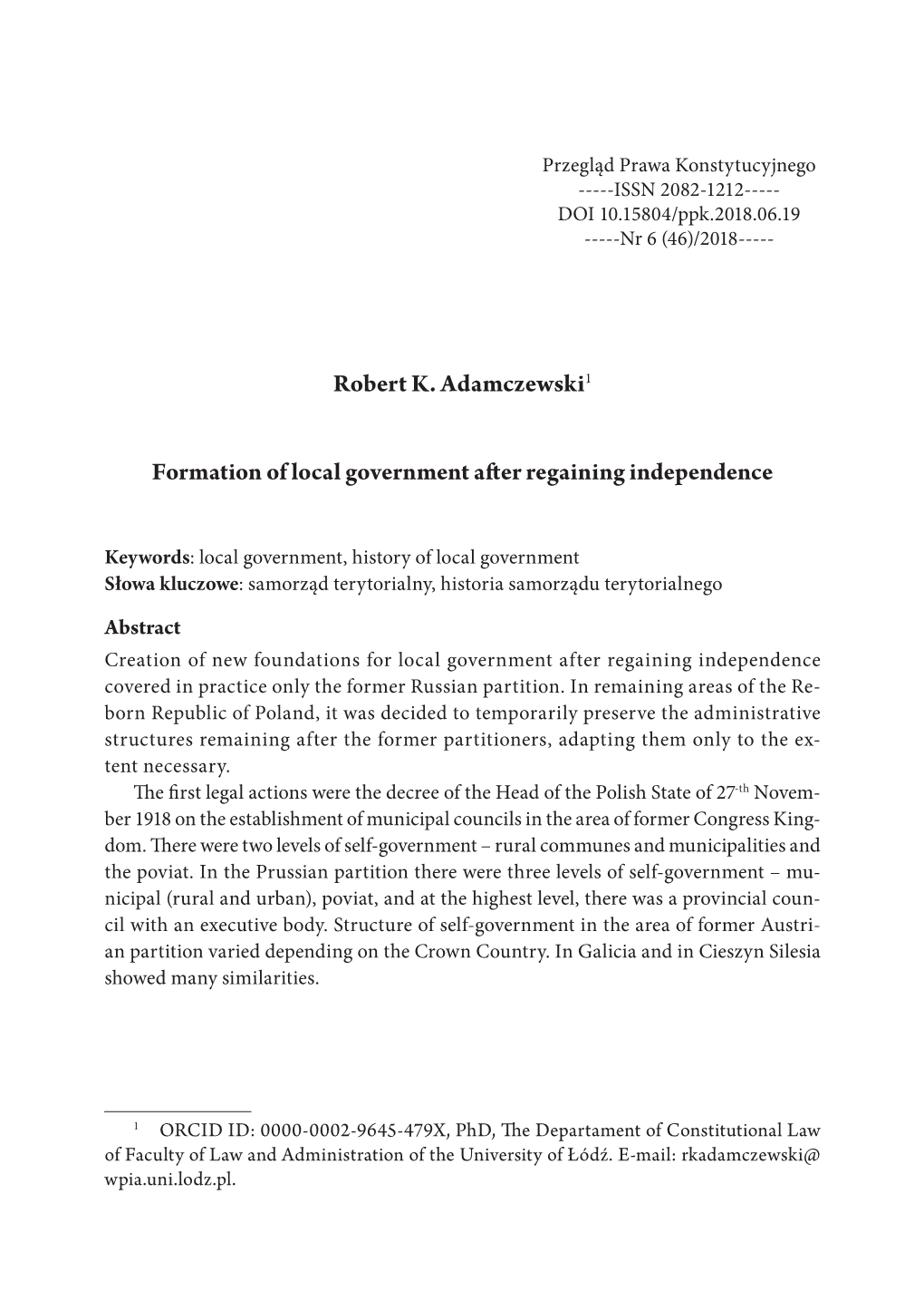 Robert K. Adamczewski1 Formation of Local Government After Regaining