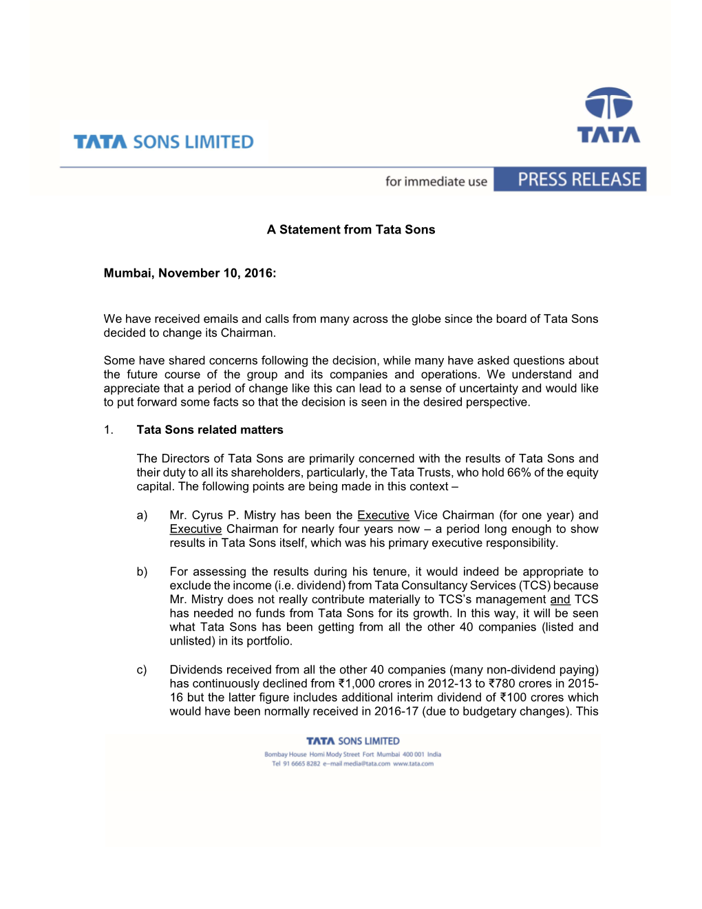 A Statement from Tata Sons Mumbai, November 10, 2016