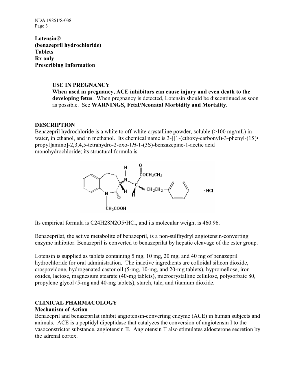 Lotensin® (Benazepril Hydrochloride) Tablets Rx Only Prescribing Information