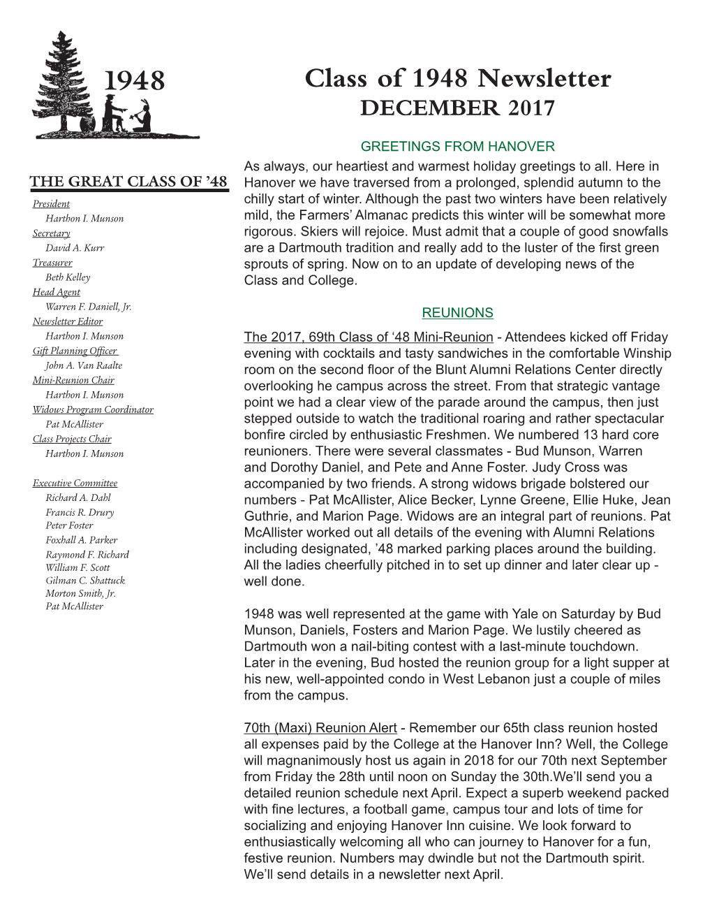 Class of 1948 Newsletter DECEMBER 2017