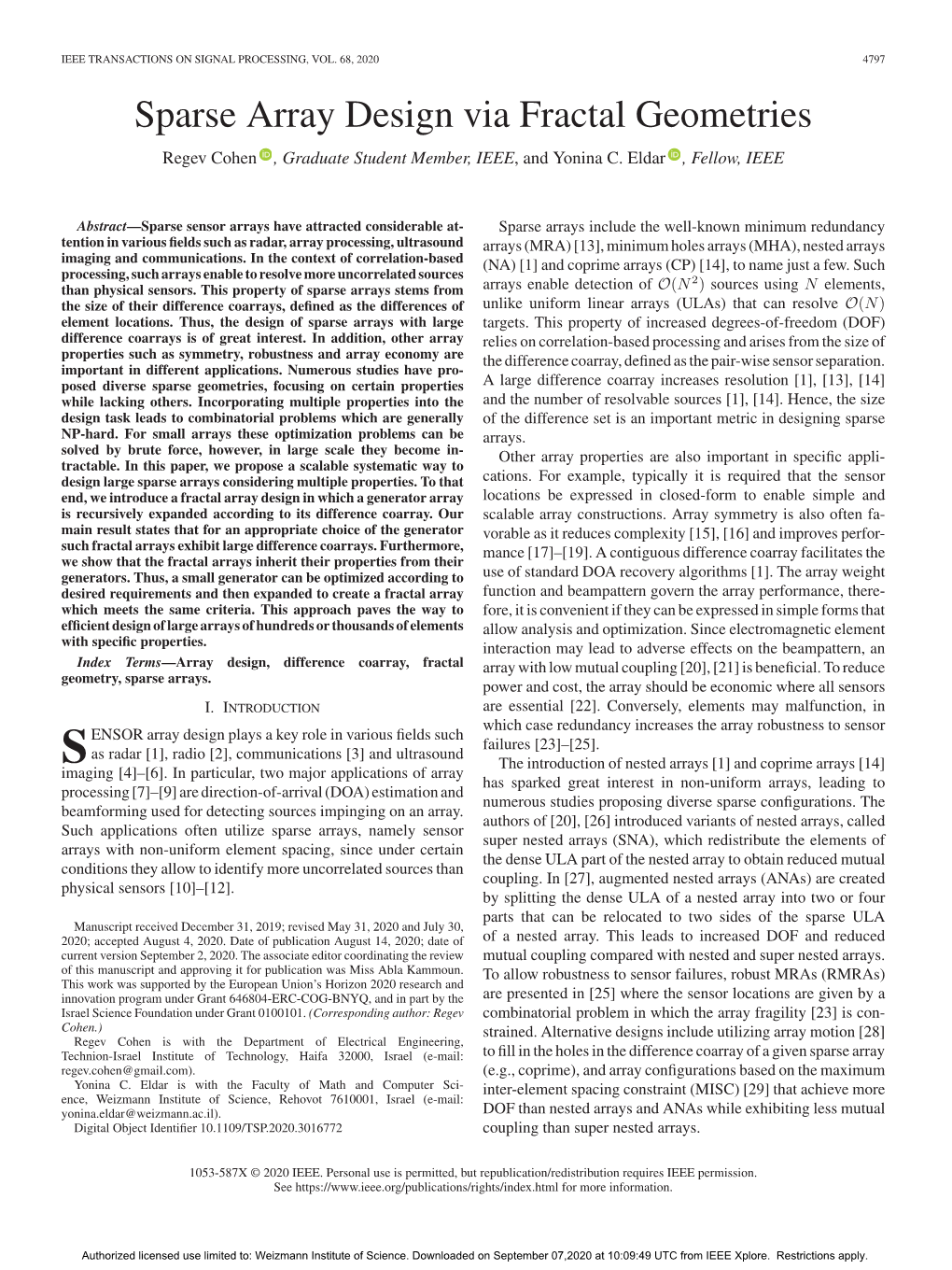 Sparse Array Design Via Fractal Geometries Regev Cohen , Graduate Student Member, IEEE, and Yonina C