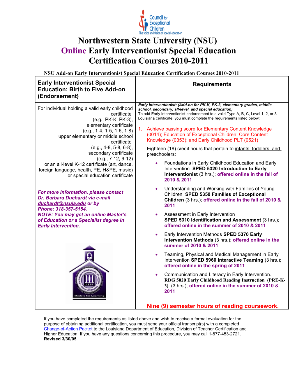 NSU Add-On Mild/Moderate Special Education Certification Courses 2005