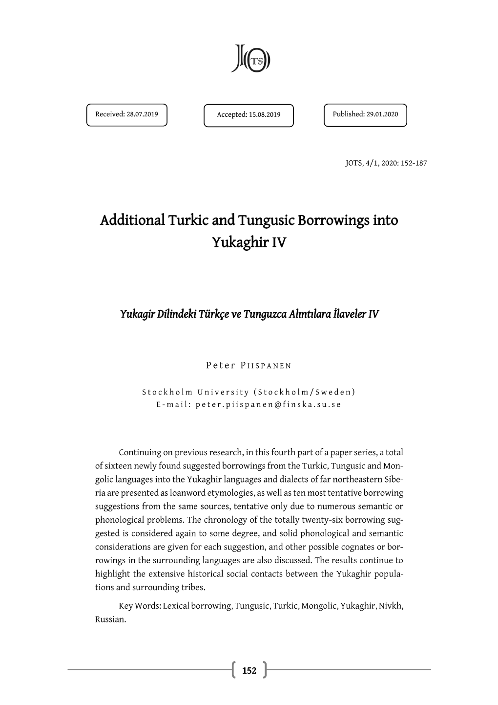 Additional Turkic and Tungusic Borrowings Into Yukaghir IV
