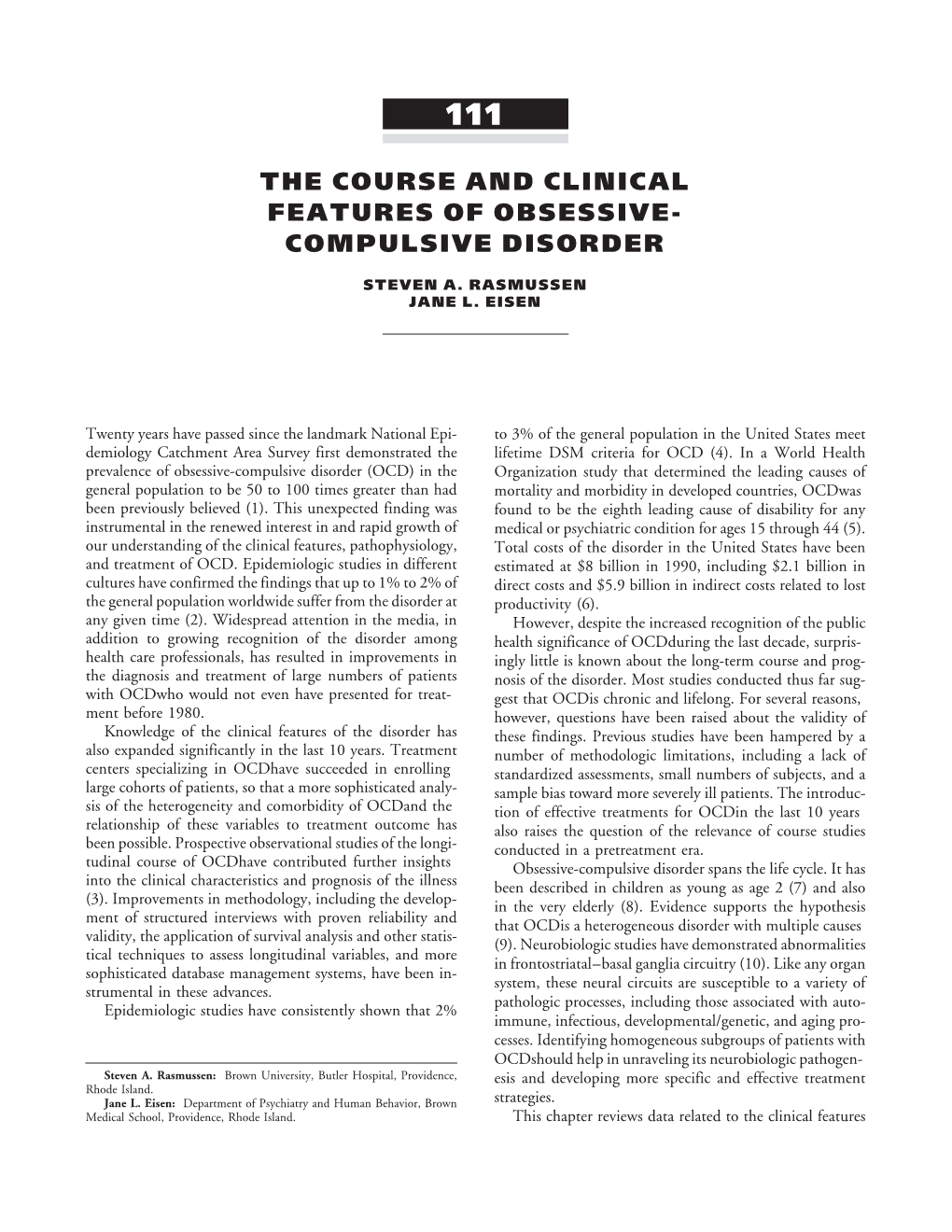 The Course and Clinical Features of Obsessive Compulsive Disorder