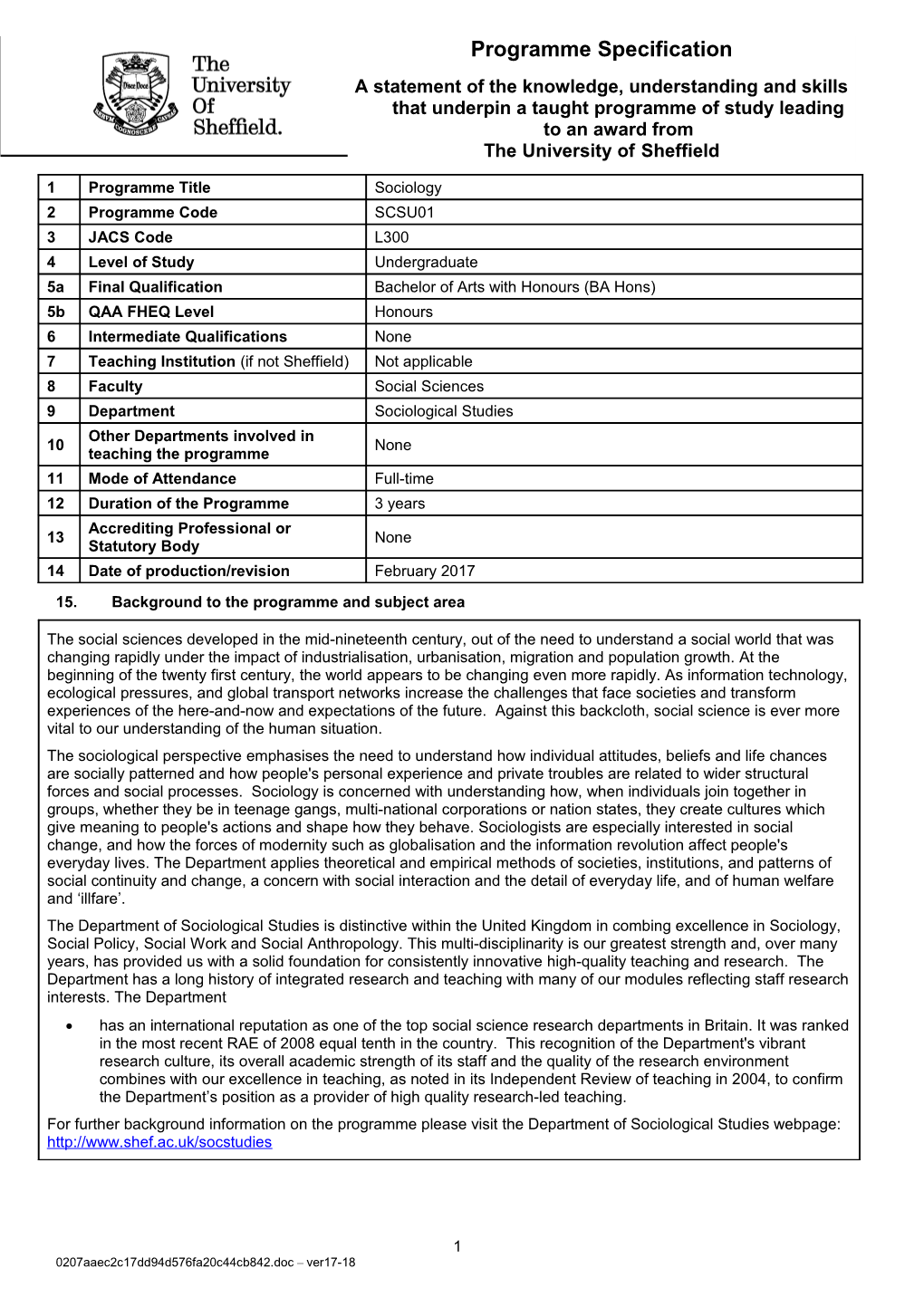 15. Background to the Programme and Subject Area