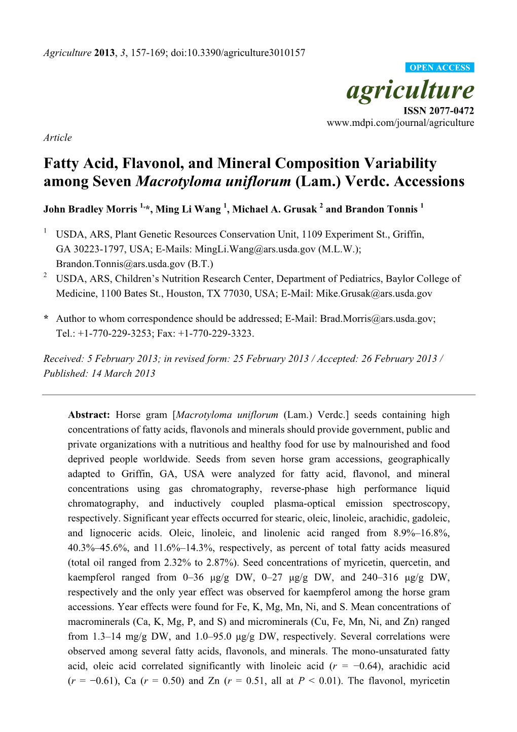 Fatty Acid, Flavonol, and Mineral Composition Variability Among Seven Macrotyloma Uniflorum (Lam.) Verdc