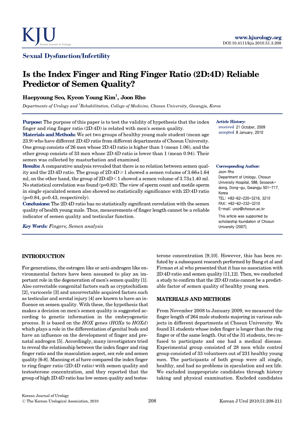 Is the Index Finger and Ring Finger Ratio (2D:4D) Reliable Predictor of Semen Quality?