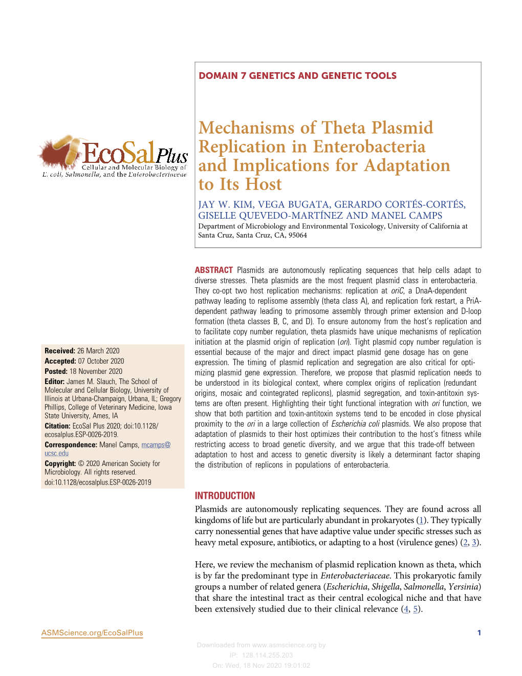 Mechanisms of Theta Plasmid Replication in Enterobacteria and Implications for Adaptation to Its Host JAY W