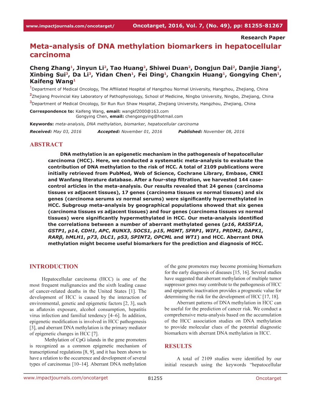 Meta-Analysis of DNA Methylation Biomarkers in Hepatocellular Carcinoma