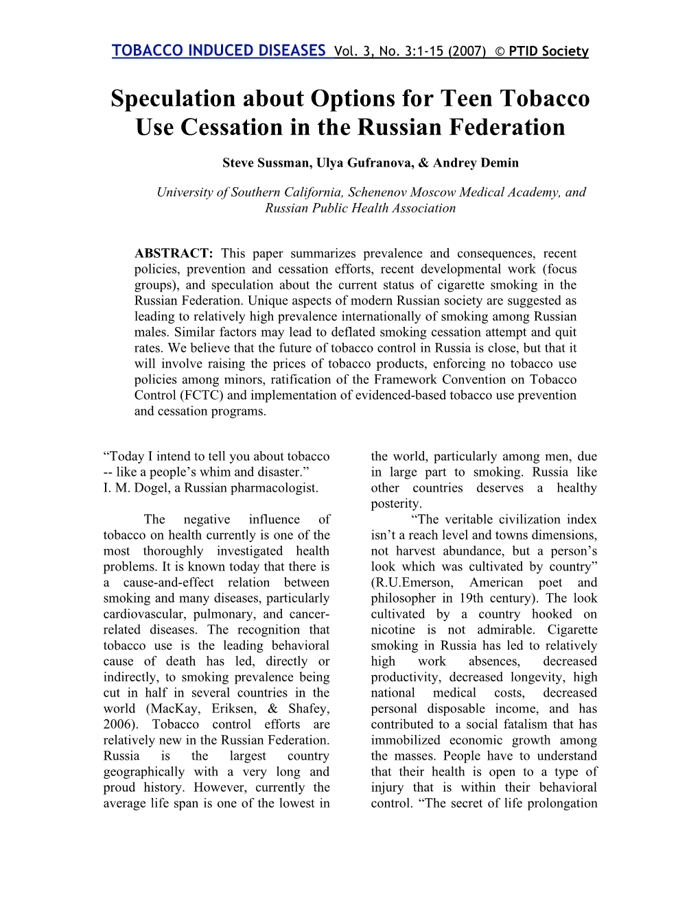 Speculation About Options for Teen Tobacco Use Cessation in the Russian Federation