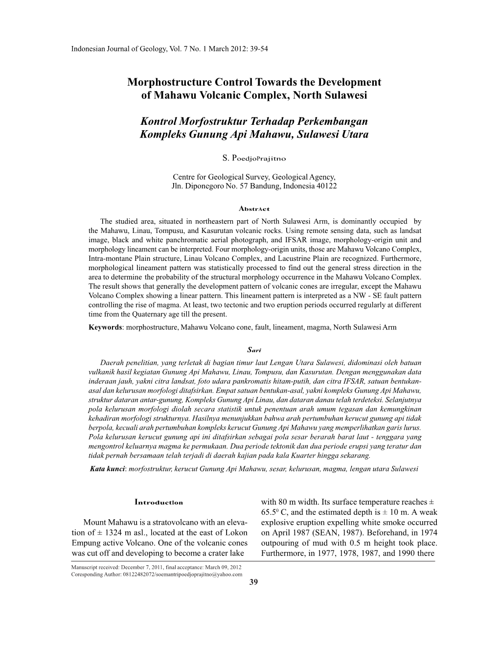 Morphostructure Control Towards the Development of Mahawu Volcanic Complex, North Sulawesi