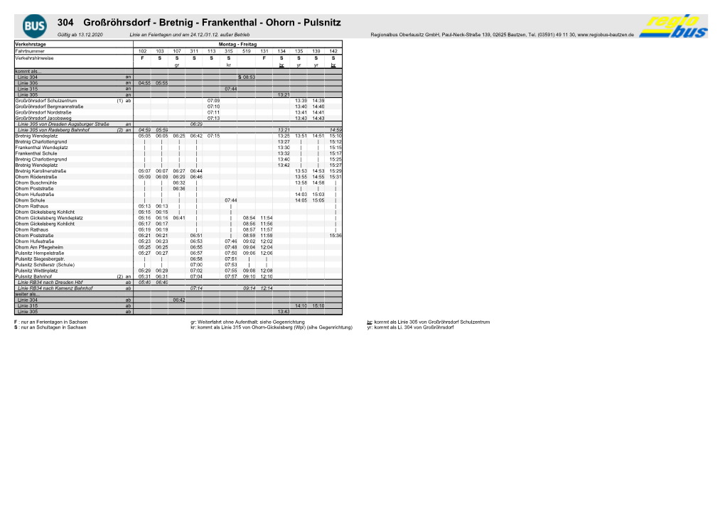 Bretnig - Frankenthal - Ohorn - Pulsnitz Gültig Ab 13.12.2020 Linie an Feiertagen Und Am 24.12./31.12