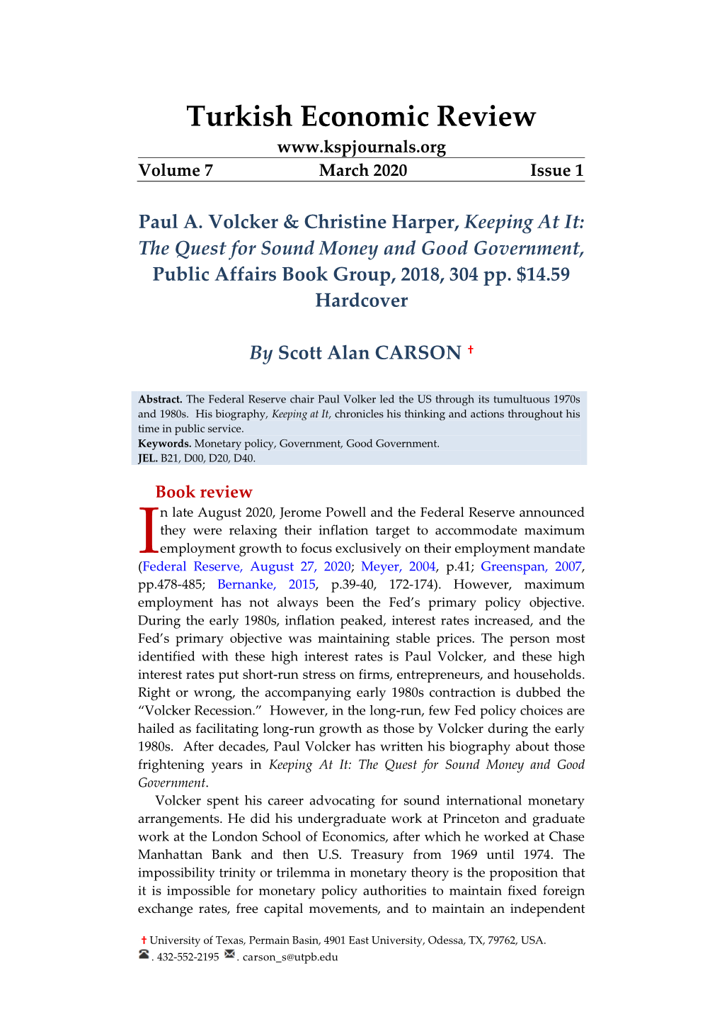 Turkish Economic Review Volume 7 March 2020 Issue 1
