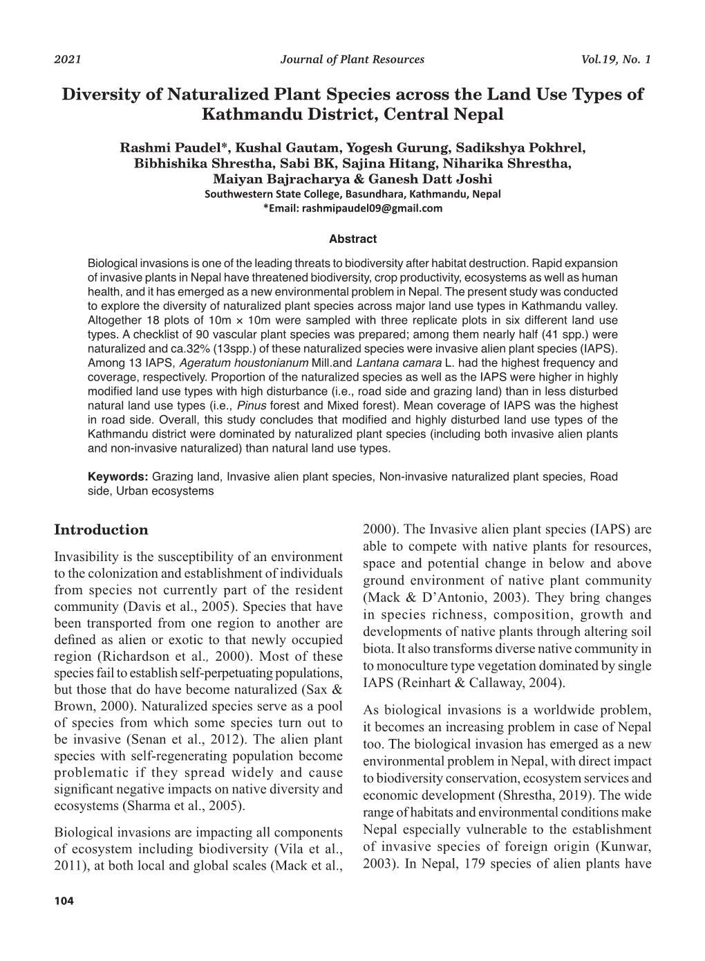 Diversity of Naturalized Plant Species Across the Land Use Types of Kathmandu District, Central Nepal