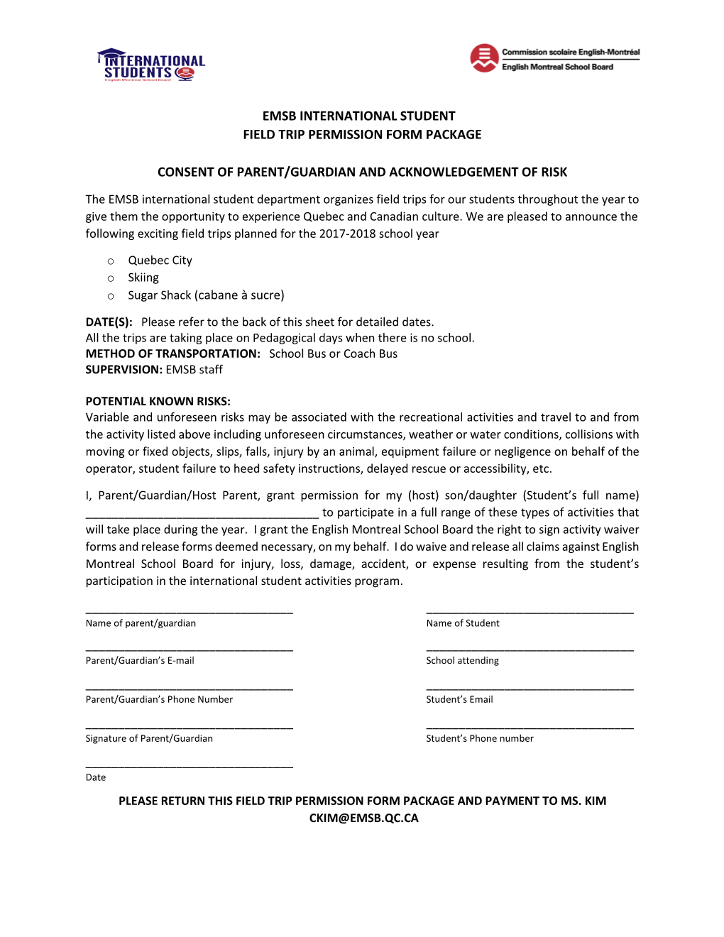 Emsb International Student Field Trip Permission Form Package