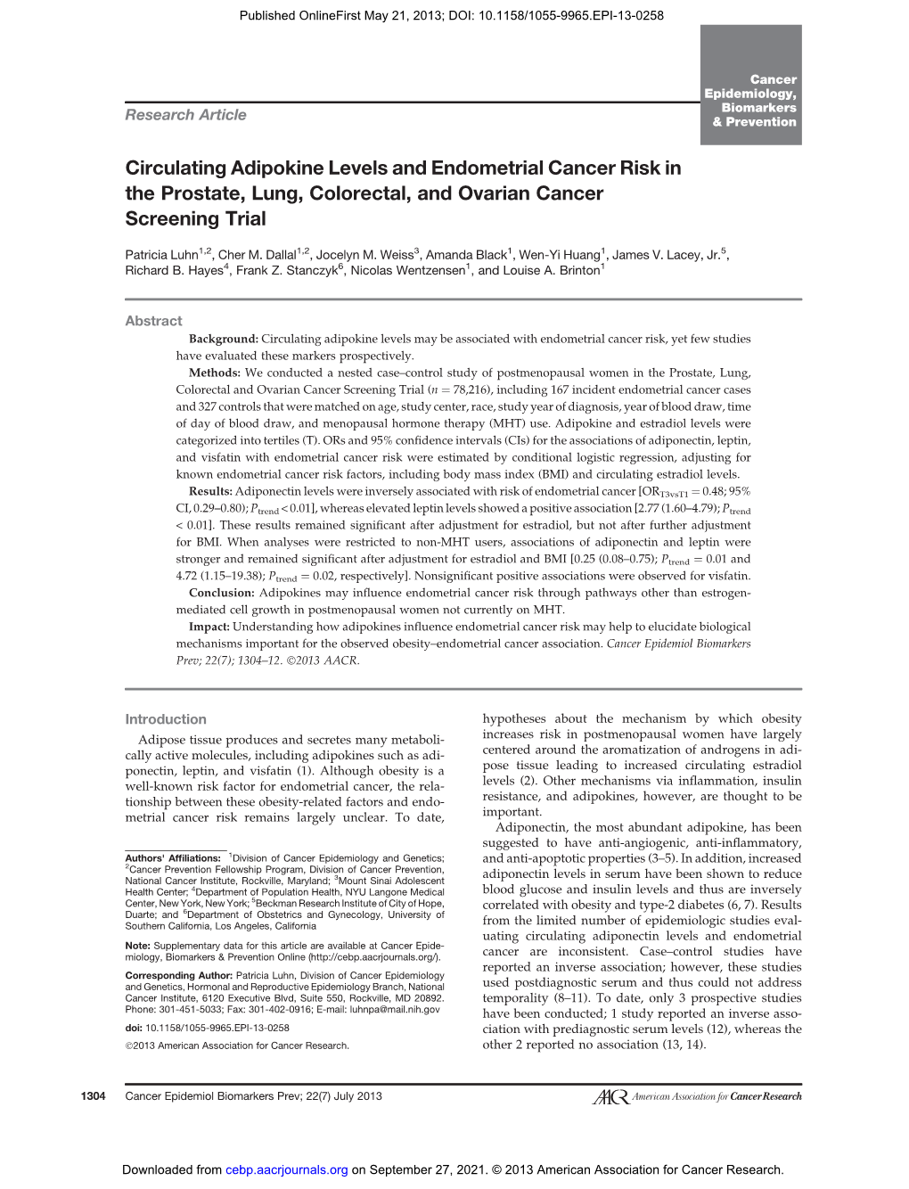 Circulating Adipokine Levels and Endometrial Cancer Risk in the Prostate, Lung, Colorectal, and Ovarian Cancer Screening Trial