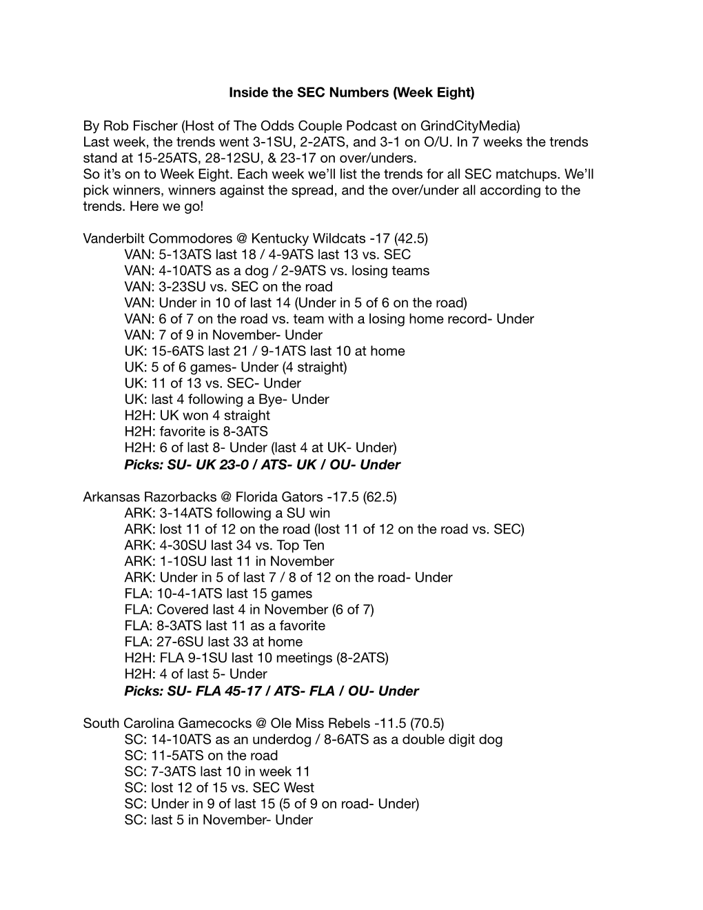 Inside the SEC Numbers Week Eight