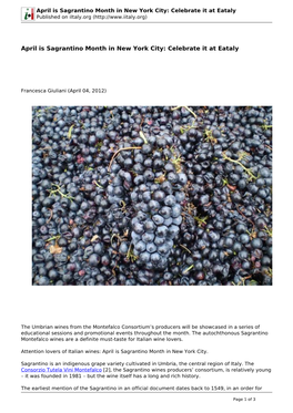 April Is Sagrantino Month in New York City: Celebrate It at Eataly Published on Iitaly.Org (