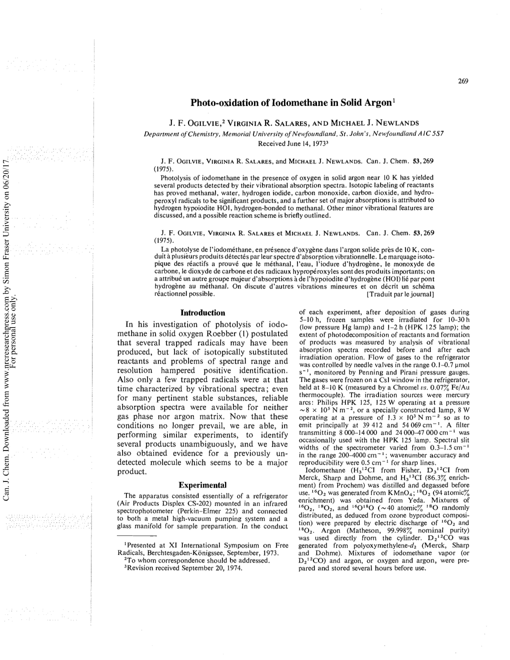 Photo-Oxidation of Iodomethane in Solid Argon'