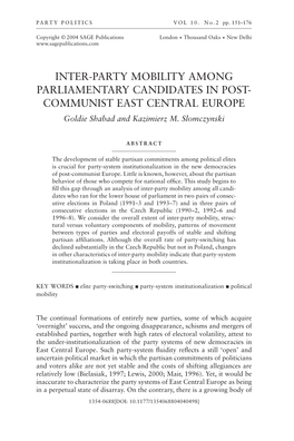 INTER-PARTY MOBILITY AMONG PARLIAMENTARY CANDIDATES in POST- COMMUNIST EAST CENTRAL EUROPE Goldie Shabad and Kazimierz M
