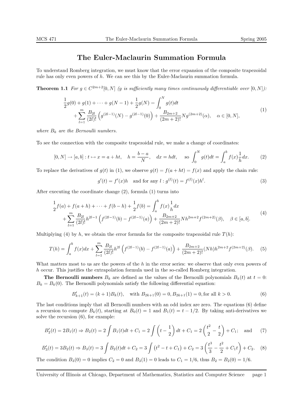 The Euler-Maclaurin Summation Formula Spring 2005