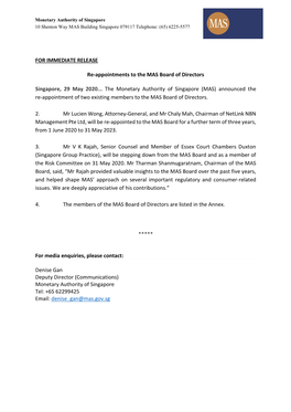 FOR IMMEDIATE RELEASE Re-Appointments to the MAS Board