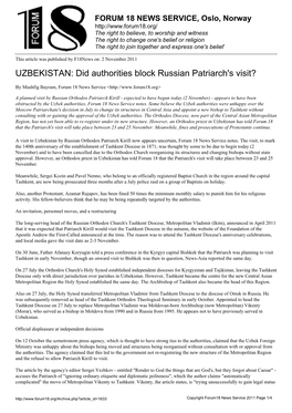 UZBEKISTAN: Did Authorities Block Russian Patriarch's Visit?