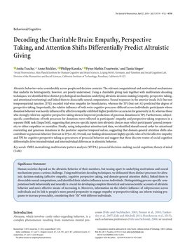 Decoding the Charitable Brain: Empathy, Perspective Taking, and Attention Shifts Differentially Predict Altruistic Giving