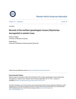 Records of the Northern Grasshopper Mouse (Onychomys Leucogaster) in Western Iowa
