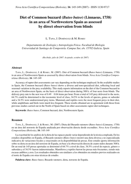 Diet of Common Buzzard (Buteo Buteo) (Linnaeus, 1758) in an Area of Northwestern Spain As Assessed by Direct Observation from Blinds