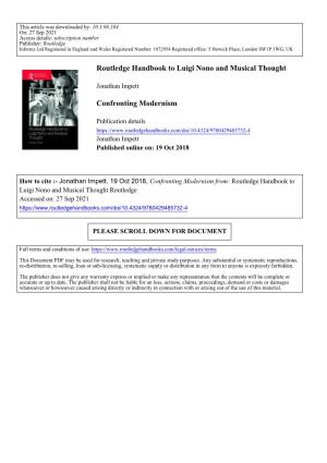 Routledge Handbook to Luigi Nono and Musical Thought Confronting