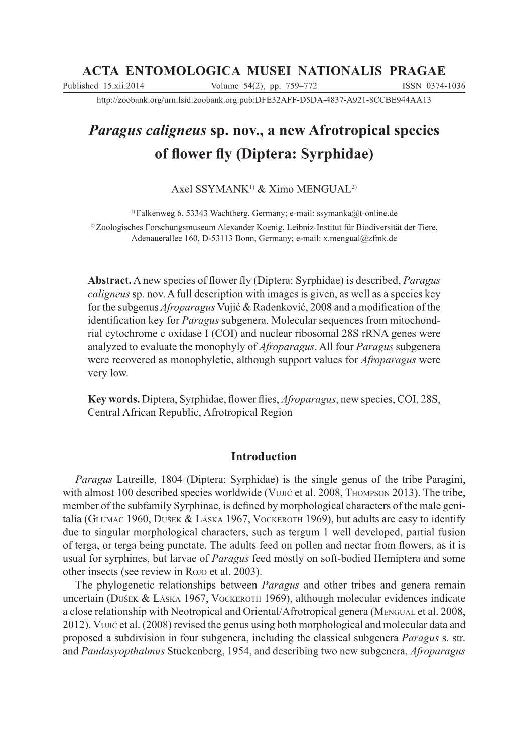 Paragus Caligneus Sp. Nov., a New Afrotropical Species of Flower Fly (Diptera: Syrphidae)