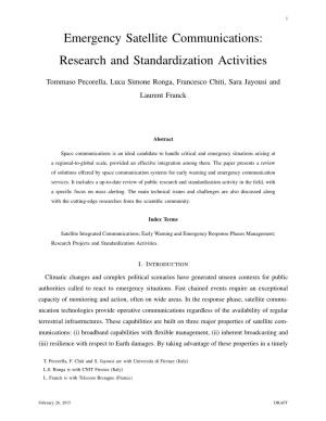 Emergency Satellite Communications: Research and Standardization Activities