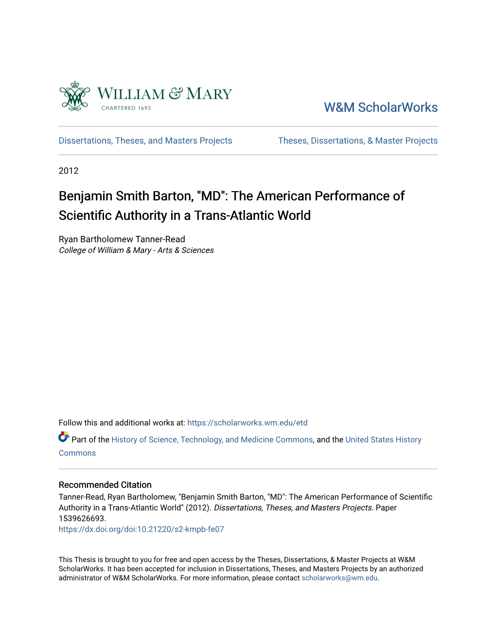 Benjamin Smith Barton, "MD": the American Performance of Scientific Authority in a Trans-Atlantic World